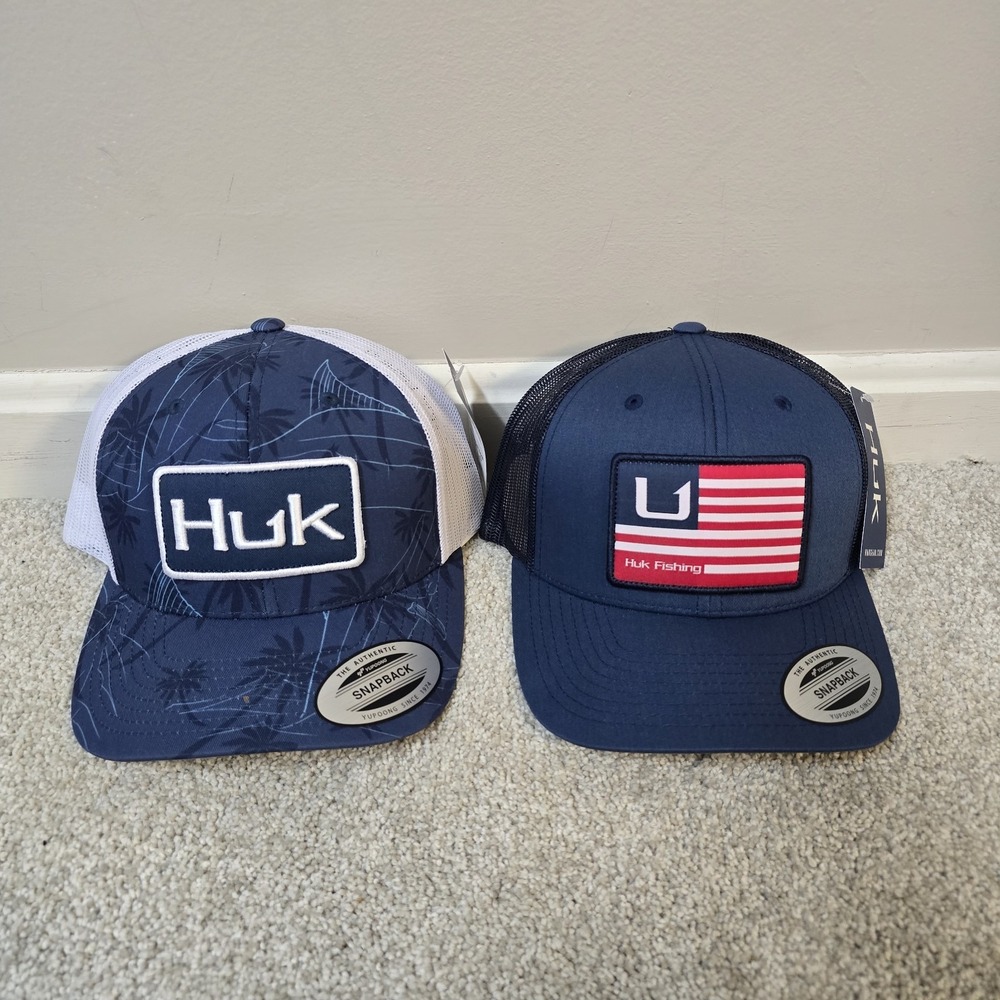HUK Trucker Hats Lot of 2 Snapback Fishing Caps Palm Slam & American Flag NWT‎